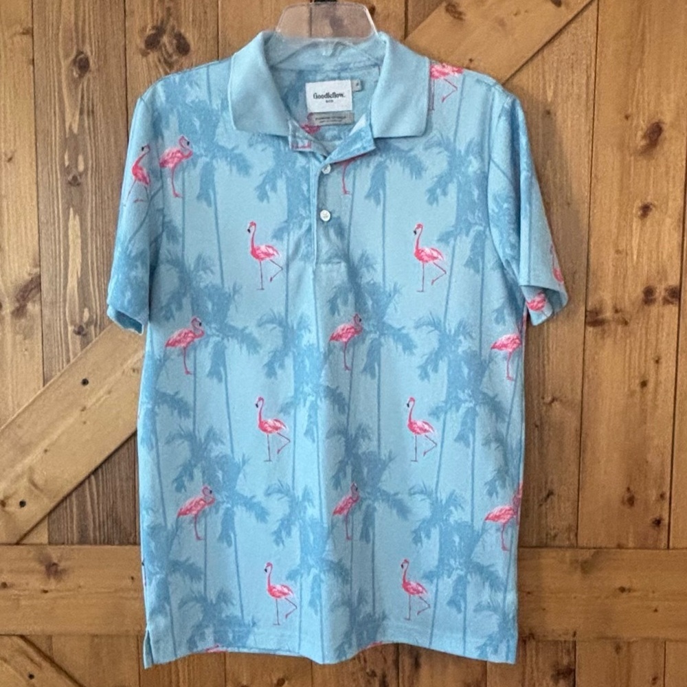 Men's Goodfellow Short Sleeve Polo with Pink Flamingo's | Size Medium